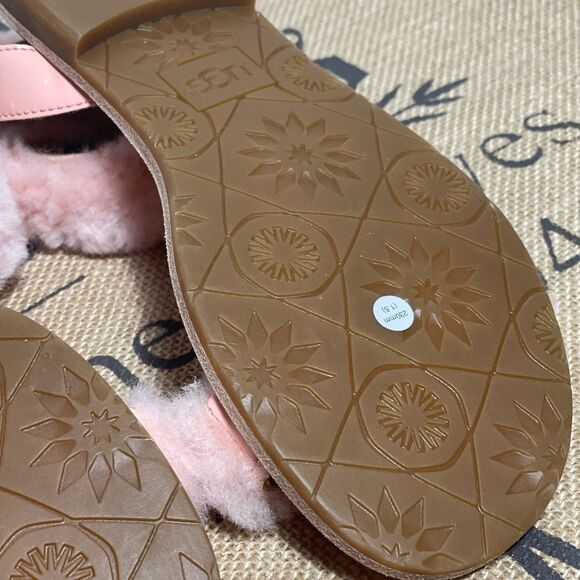 UGG Pink Fluff Springs Patent Ankle Strap fuzzy Faux Fur Open Toe Sandals Size 6 - Picture 8 of 9
